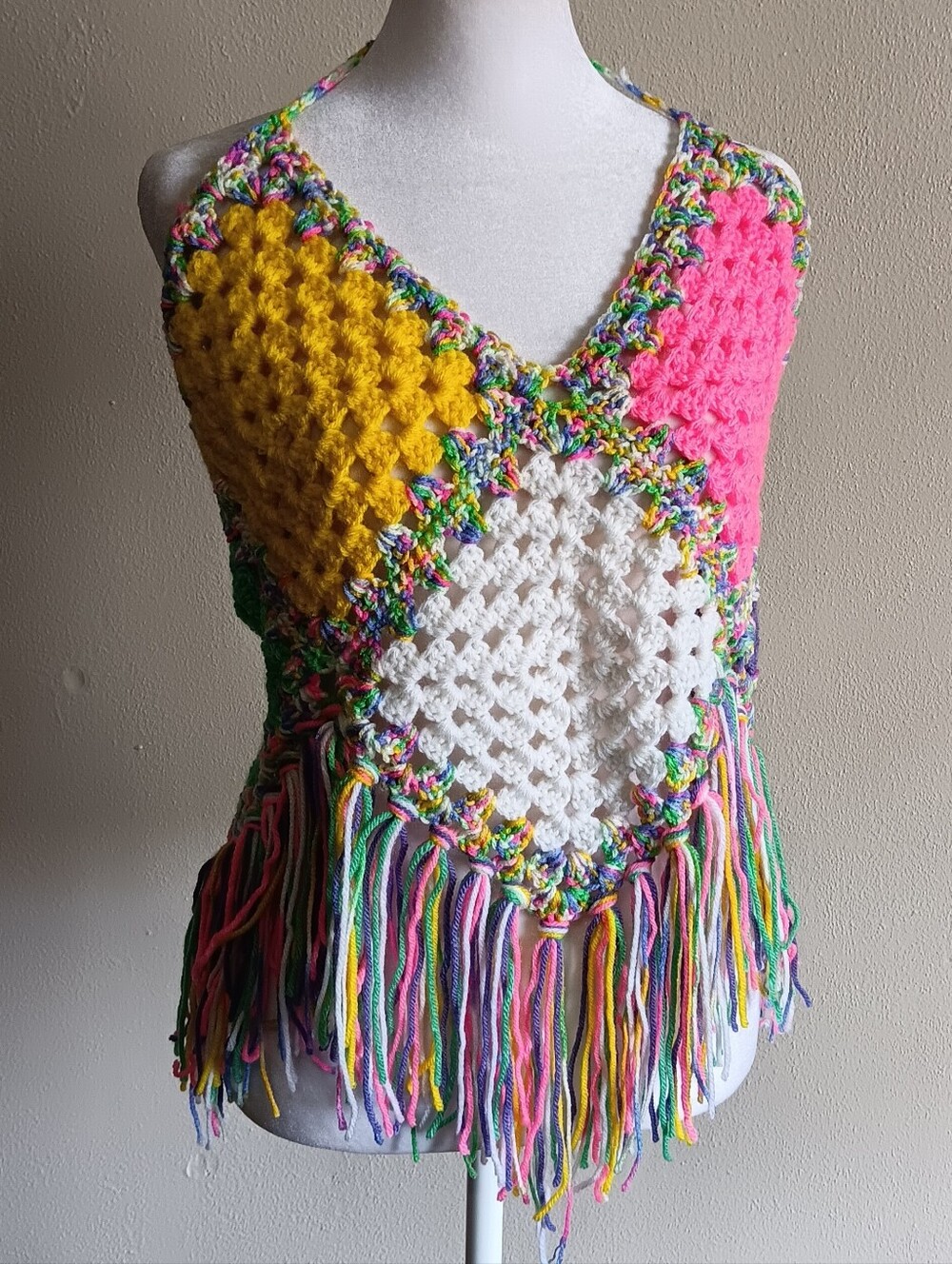 Handmade Boho Crochet Fringe Tie On Festival Top Multicolor Granny Square